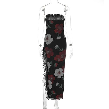 Floral Print Strapless Tube Neck Lace Trim Thigh Slit Maxi Dress