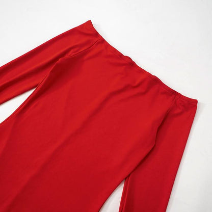 Long flared sleeve off shoulder ruched slit maxi dress