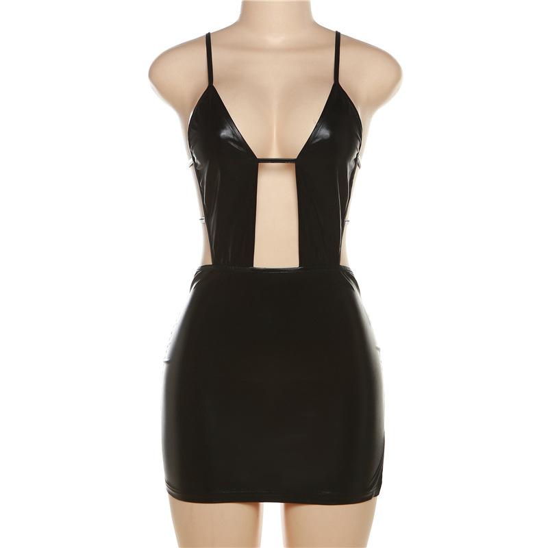 PU Leather Plunge Neck Side Cutout Spaghetti Strap Mini Dress