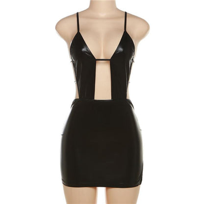PU Leather Plunge Neck Side Cutout Spaghetti Strap Mini Dress