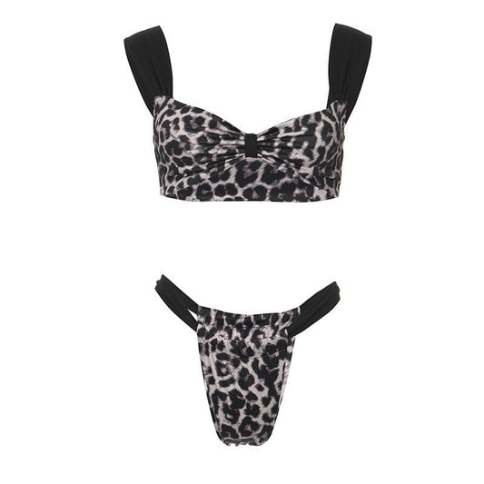 Leopard print patchwork backless crop pant set