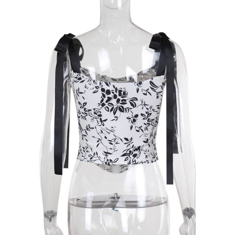 Self tie u neck ribbon print contrast cami top