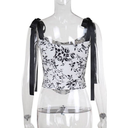 Self tie u neck ribbon print contrast cami top