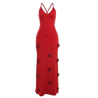 V neck flower applique cross back cami maxi dress