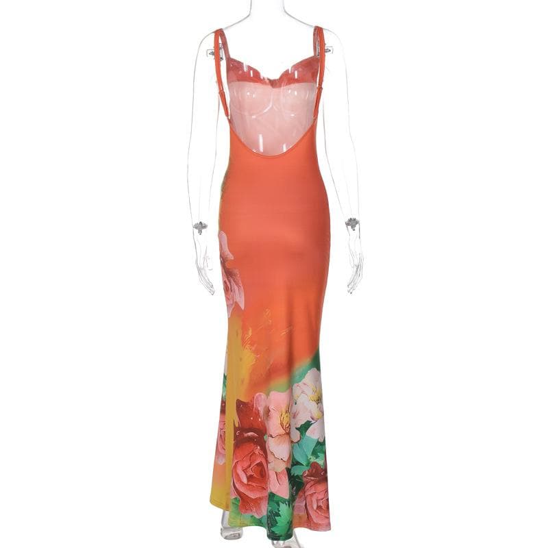 Cowl neck flower print backless cami maxi dress