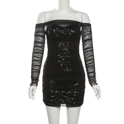 Off shoulder glitter long sleeve mesh ruched mini dress