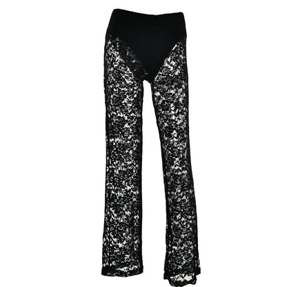 Lace high rise solid patchwork straight leg pant