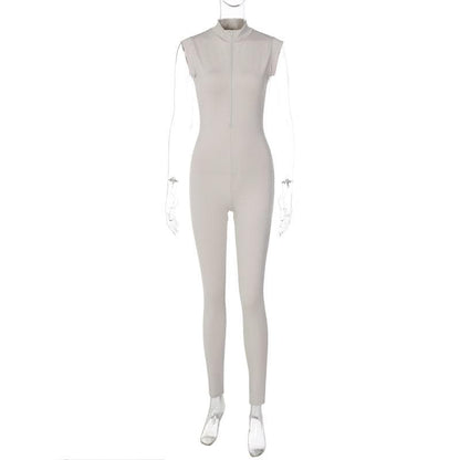 Cap sleeve zip-up high neck solid jumpsuit