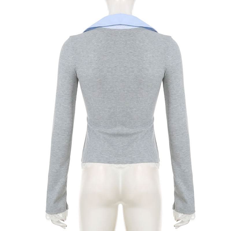 Turnover collar patchwork long sleeve lace hem knitted top