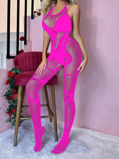 Halter backless fishnet open crotch bodystocking