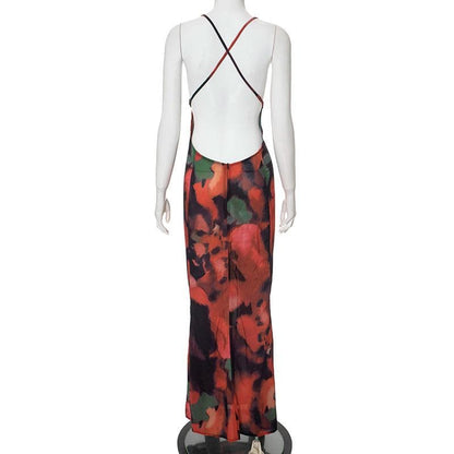 V neck lace hem backless print cami maxi dress