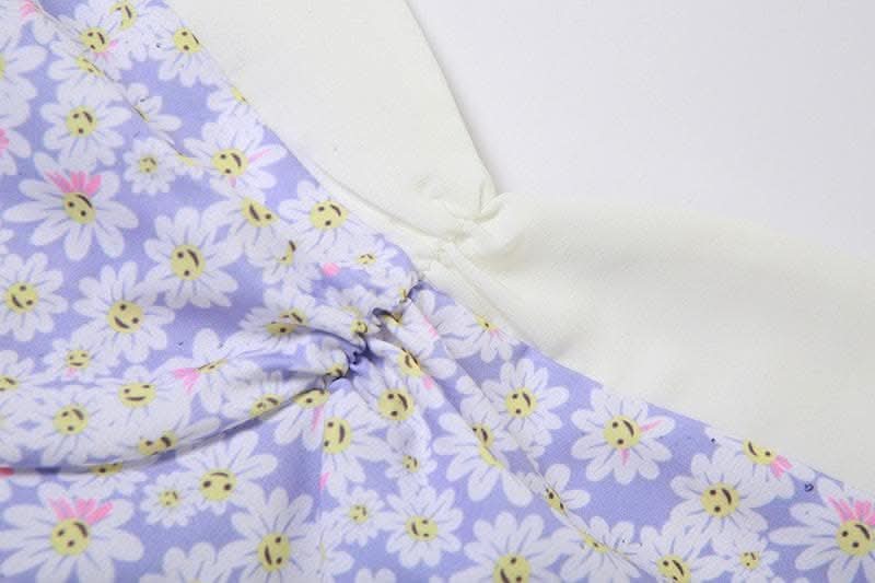 Flower print contrast ruched ruffle halter backless zip-up mini dress-final-sale