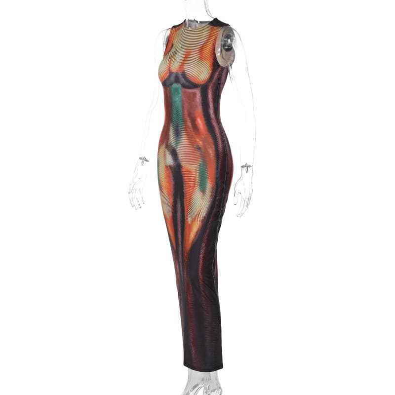 Crewneck body print contrast tank maxi dress