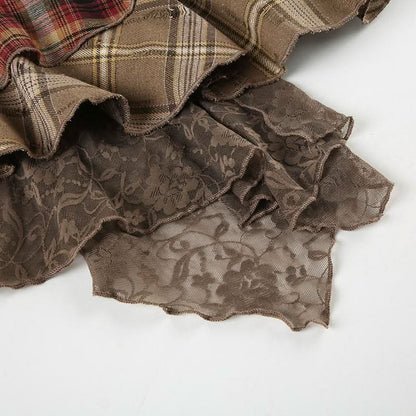 PU leather plaid patchwork belt lace hem mini skirt