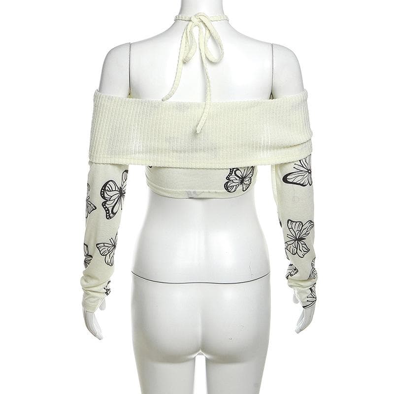 Butterfly print contrast off shoulder halter long sleeve crop top