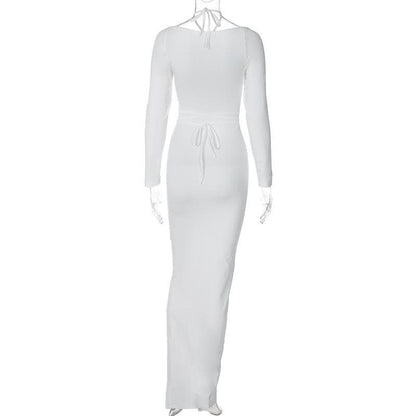 Hollow out self tie solid long sleeve cross front cut out maxi dress