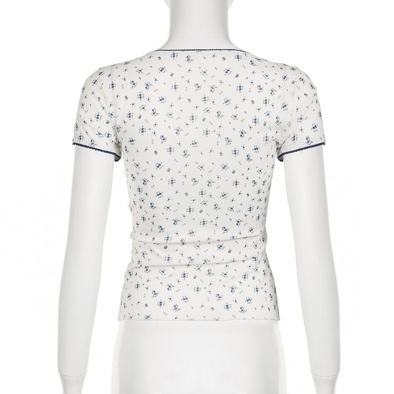 Short sleeve patchwork flower applique print top