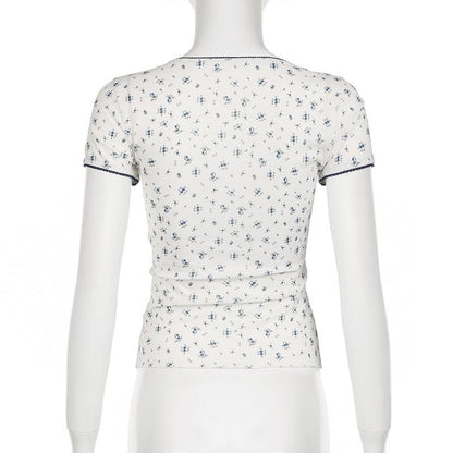 Short sleeve patchwork flower applique print top