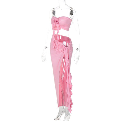 Flower applique ruffle high slit ruched tube skirt set-final-sale