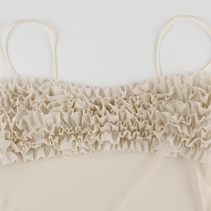Ruched ruffle sheer mesh cami top