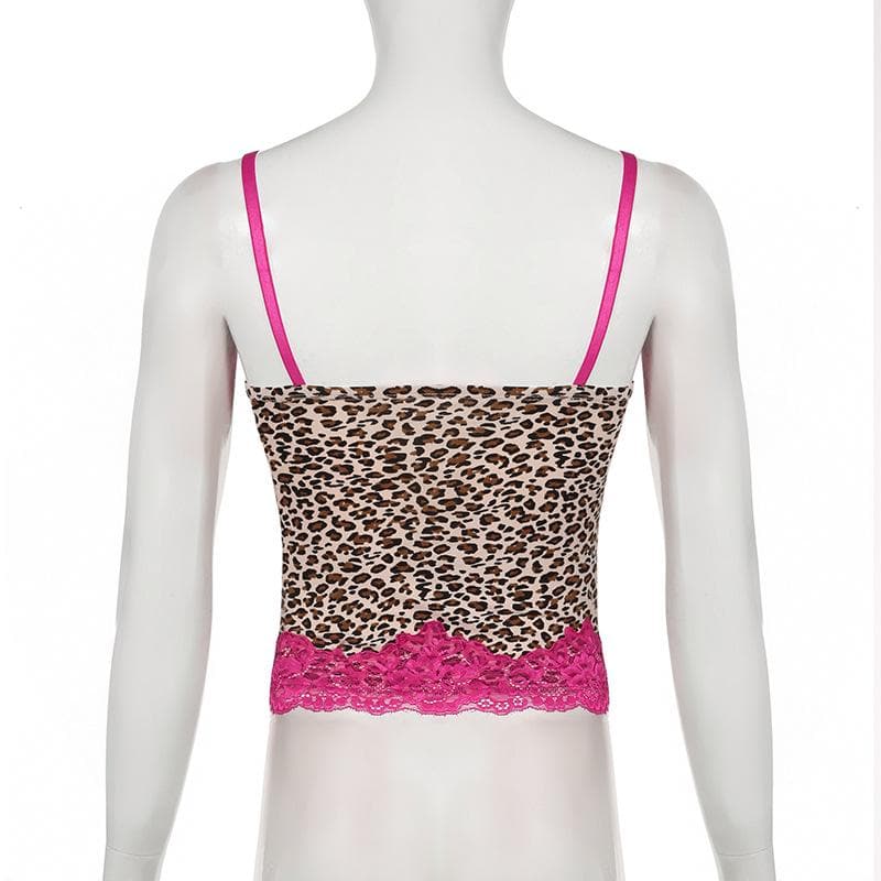 Leopard print lace hem slit cami top