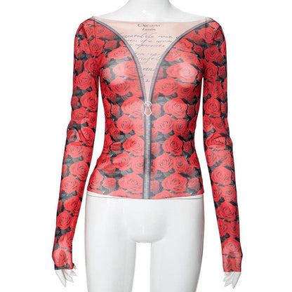 Long sleeve round neck rose print sheer mesh top