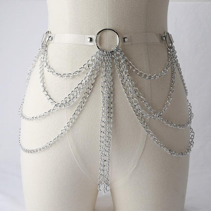 PU leather layered metal chain o ring belt
