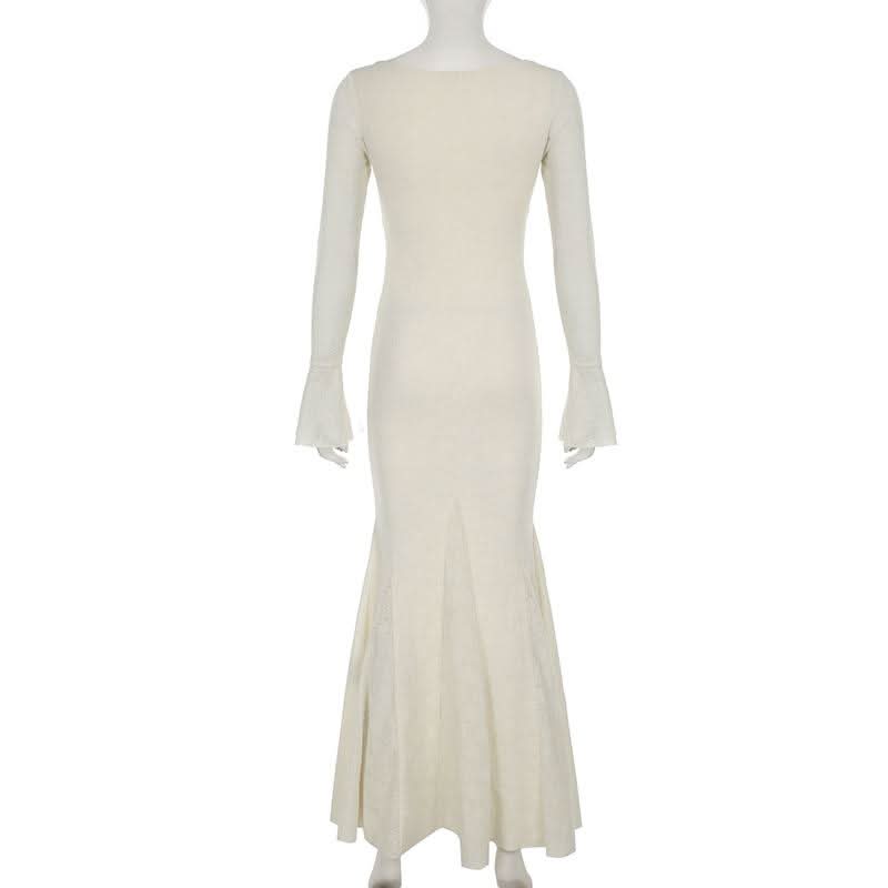 V neck long sleeve lace bowknot maxi dress