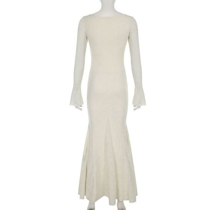 V neck long sleeve lace bowknot maxi dress