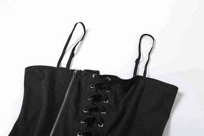 Lace up zip-up ruffle cami mini dress