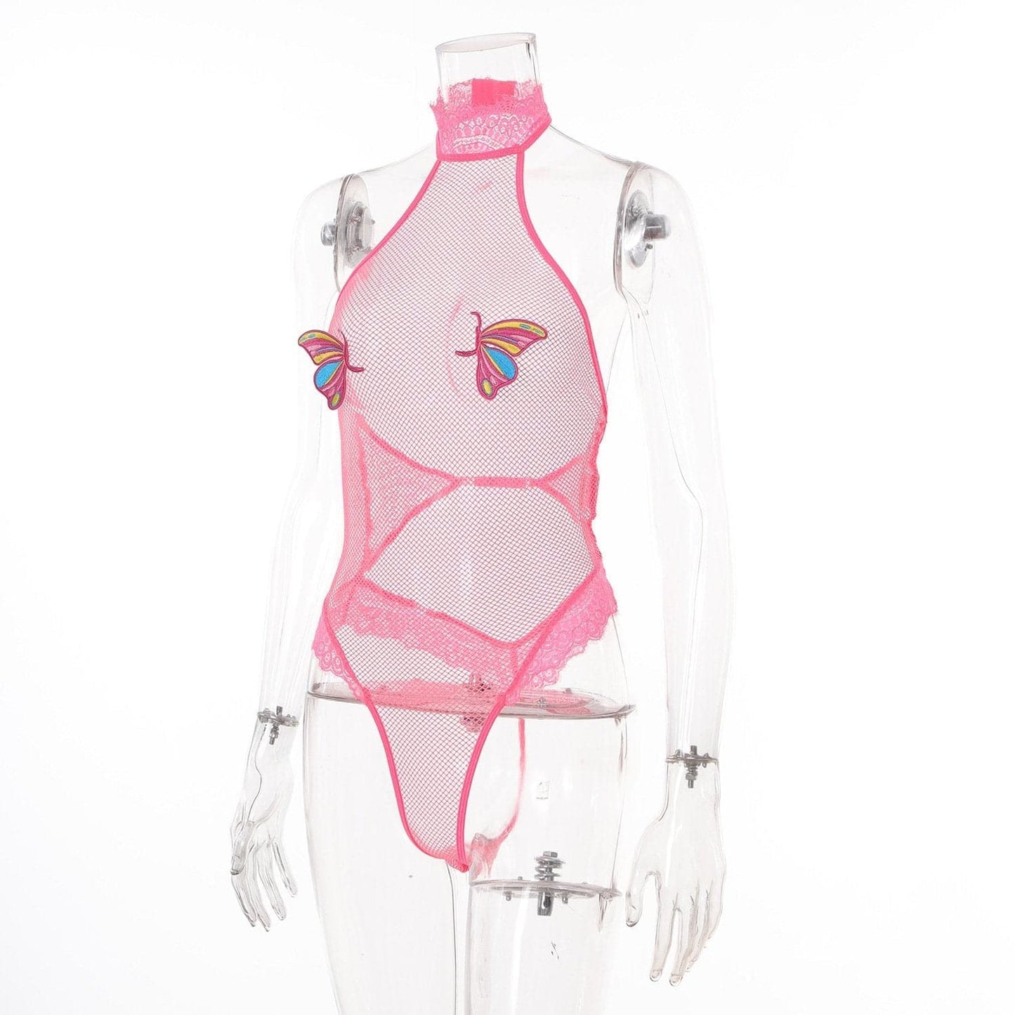Halter butterfly pattern fishnet lace bodysuit