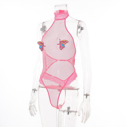 Halter butterfly pattern fishnet lace bodysuit