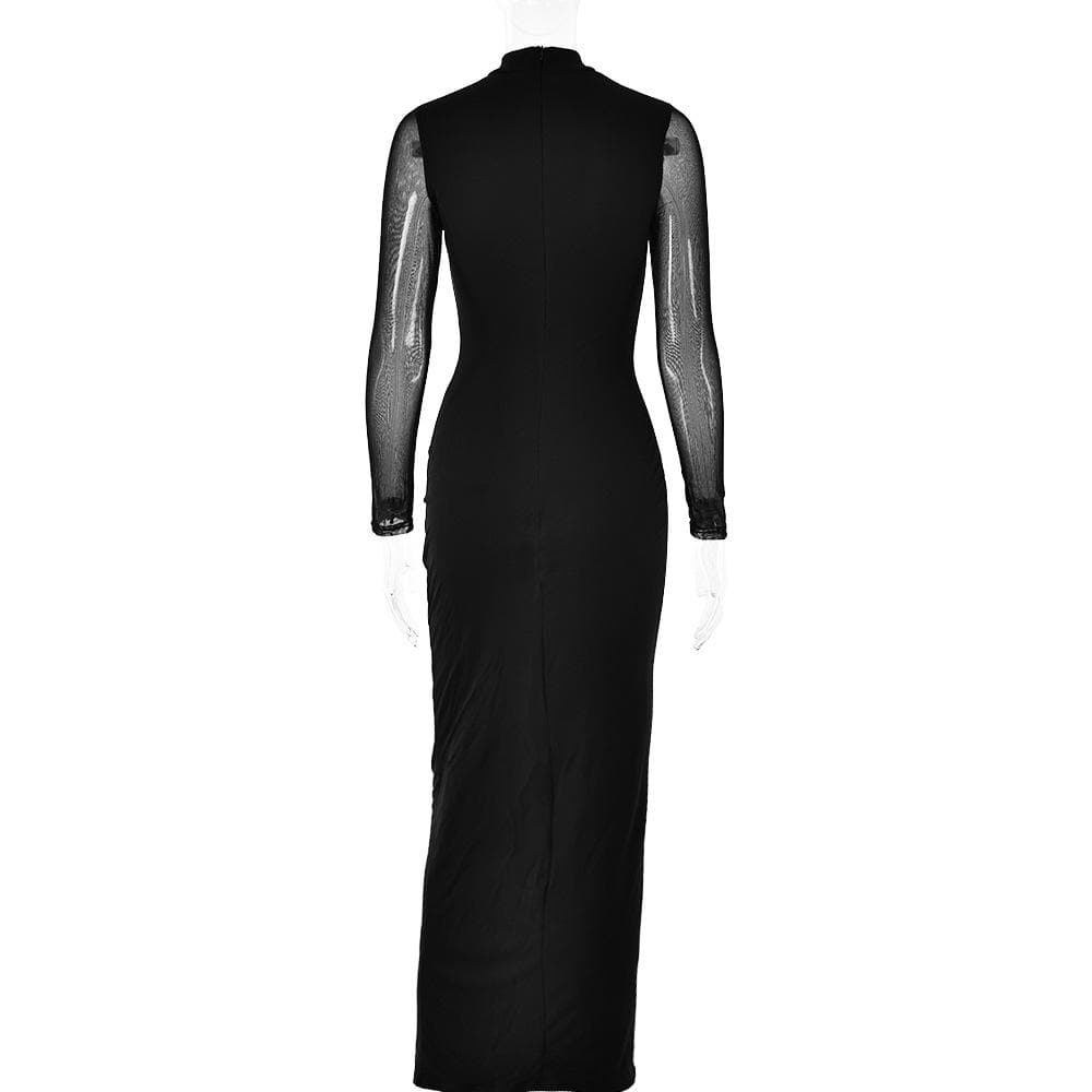 Long sleeve ruched mesh patchwork maxi dress