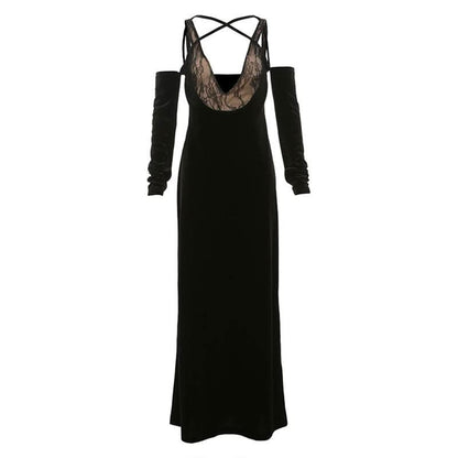 Off shoulder v neck velvet lace hem cami maxi dress