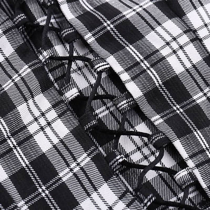 Plaid sleeveless lace up corset top