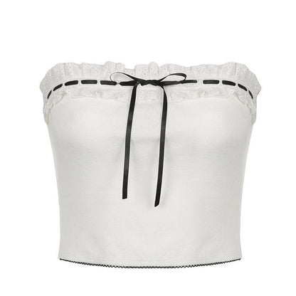 Contrast stitch lace hem self tie backless tube crop top