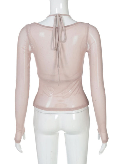 Halter v neck long sleeve mesh 2 piece top