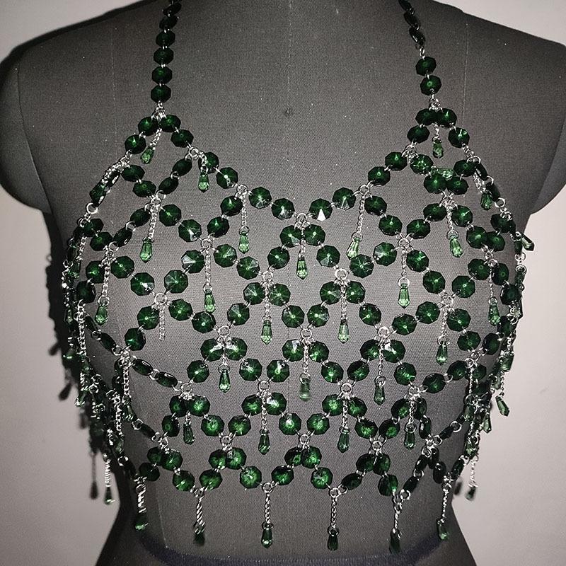 Metal chain plastic crystal halter backless crop top