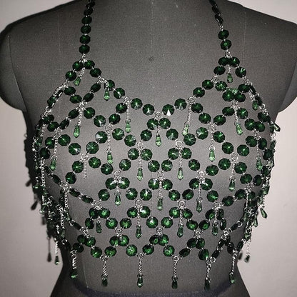 Metal chain plastic crystal halter backless crop top