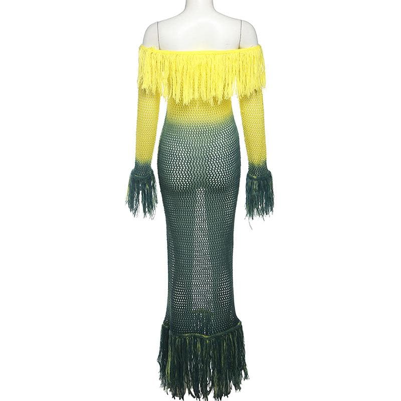 Crochet tassels off shoulder contrast long sleeve maxi dress-final-sale
