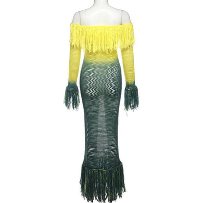 Crochet tassels off shoulder contrast long sleeve maxi dress-final-sale