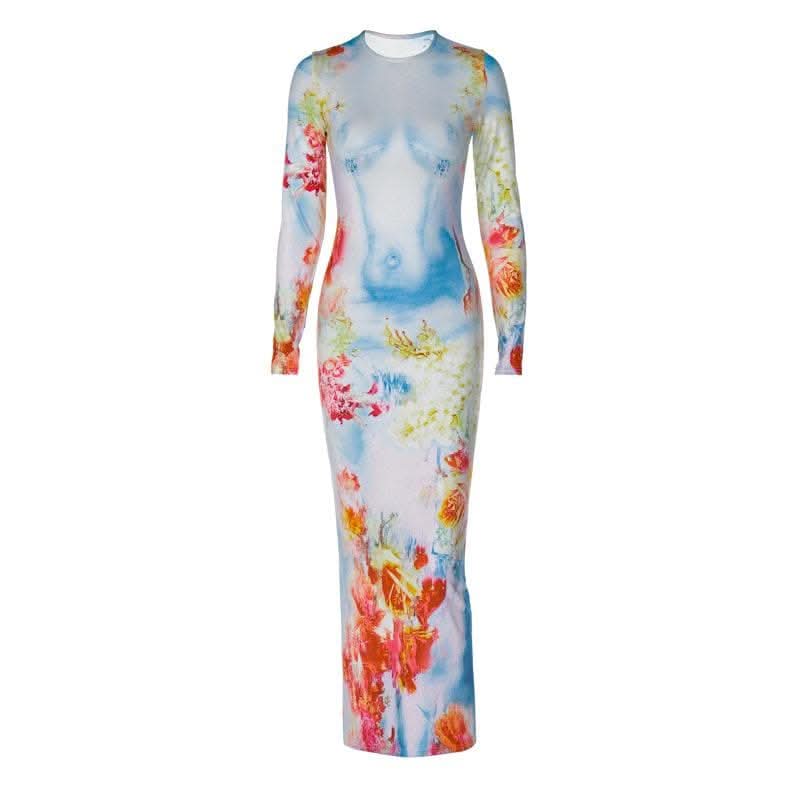 Long sleeve crewneck flower print contrast maxi dress-final-sale