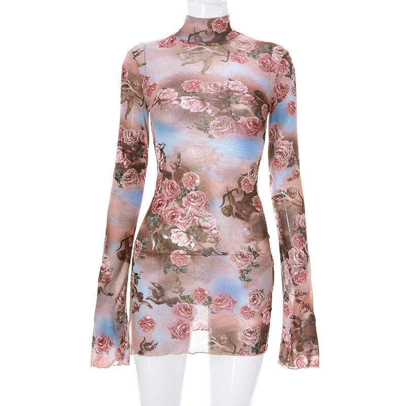 Cherub Floral Print Mock Neck Long Sleeve Lettuce Hem Mini Dress