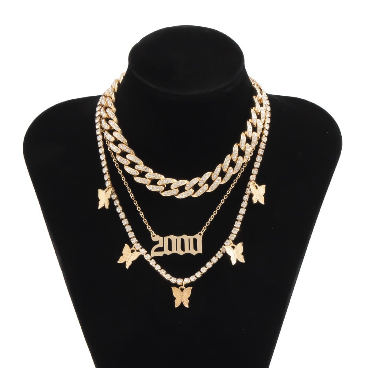 Layered butterfly decor rhinestone necklace