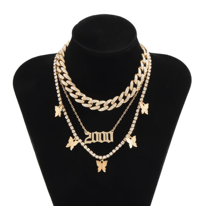 Layered butterfly decor rhinestone necklace
