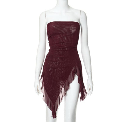 Sheer mesh ruffle ruched tube mini dress