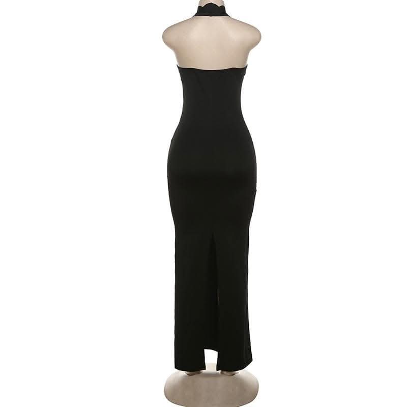 Halter hollow out backless high slit cut out maxi dress-final-sale