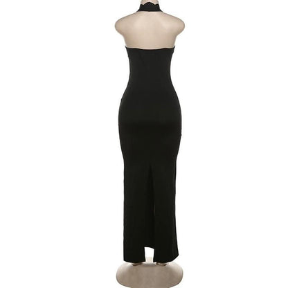 Halter hollow out backless high slit cut out maxi dress-final-sale
