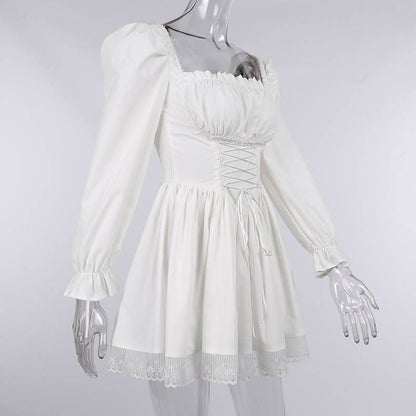 Long sleeve smocked lace up lace hem mini dress