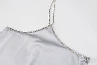 Cowl neck zip-up metal chain satin halter maxi skirt set-final-sale